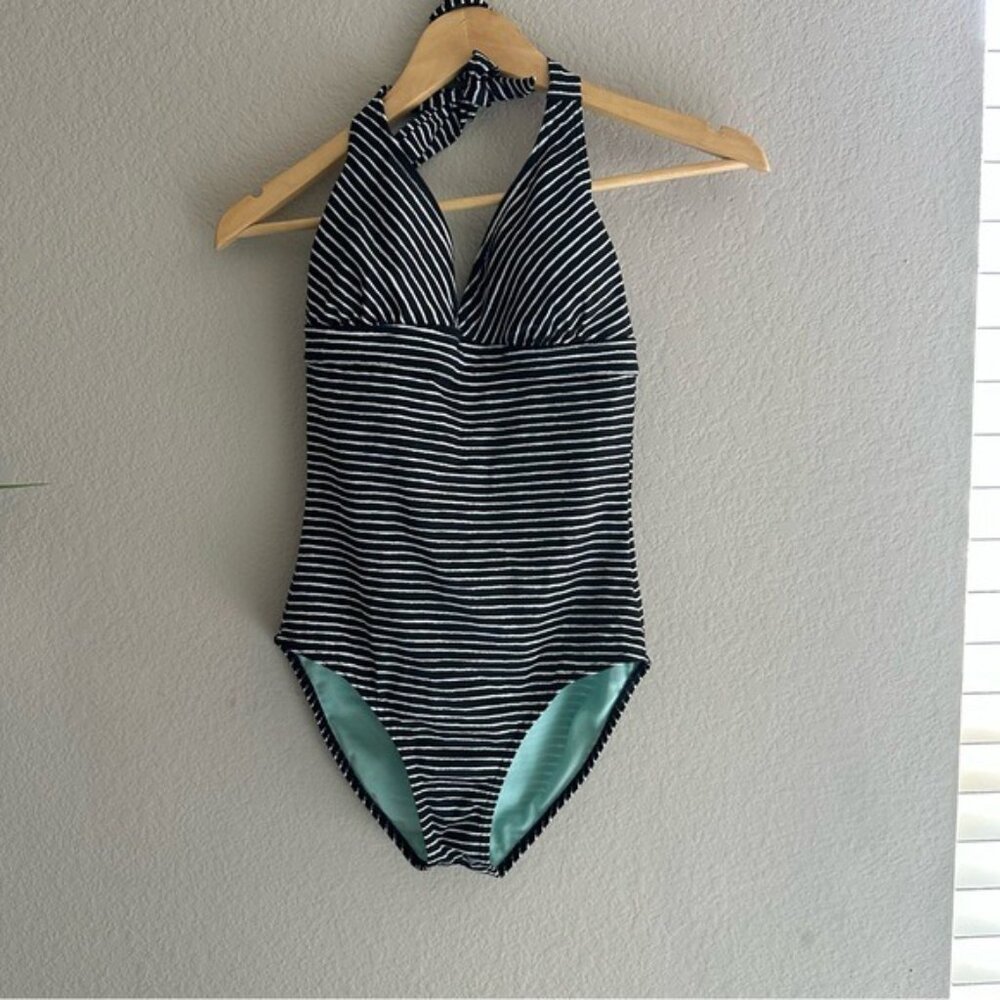 Prana Women's Halter Lahari One Piece Black & White Striped Swimsuit Size Small - Picture 2 of 9